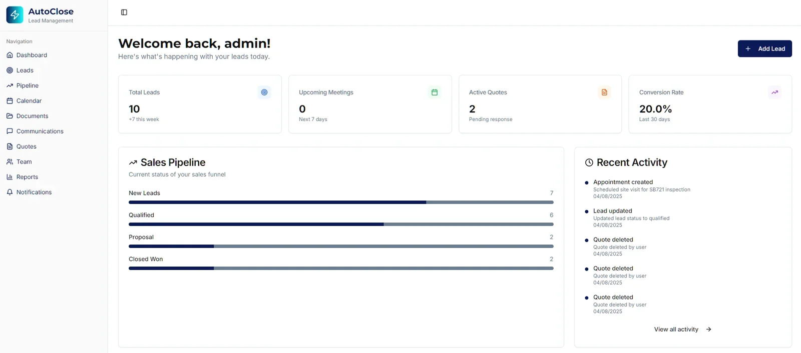 AutoClose dashboard showing pipeline stages, follow-up queue and appointments in one screen
