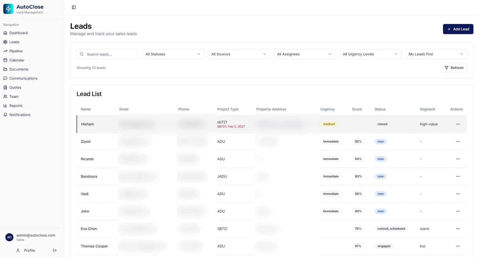 Lead list with an AI score column per lead