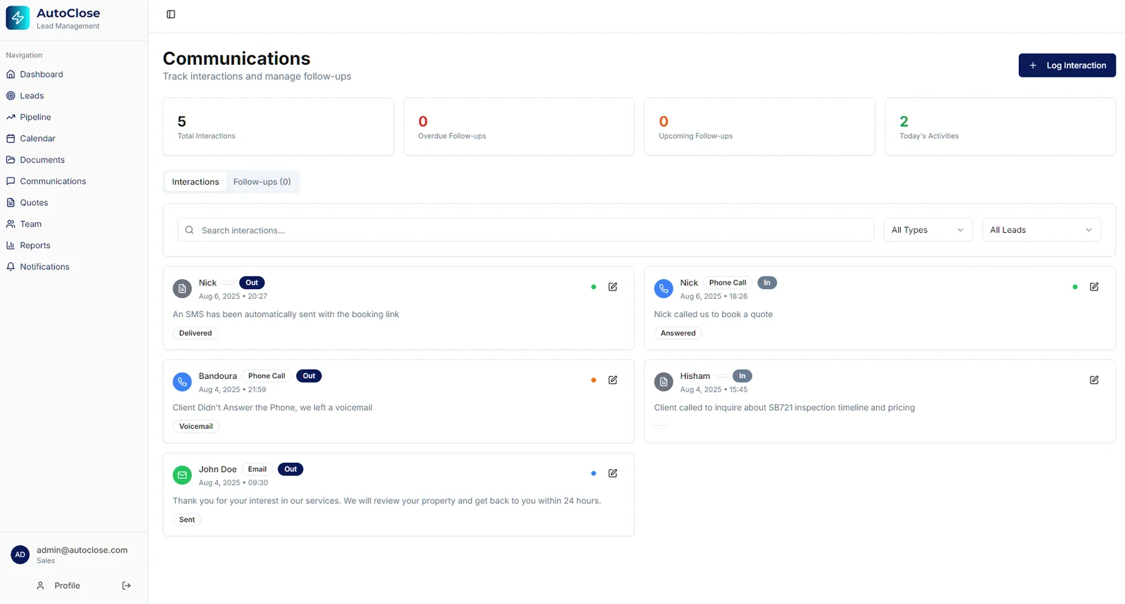 Communications hub logging every interaction with a lead across channels