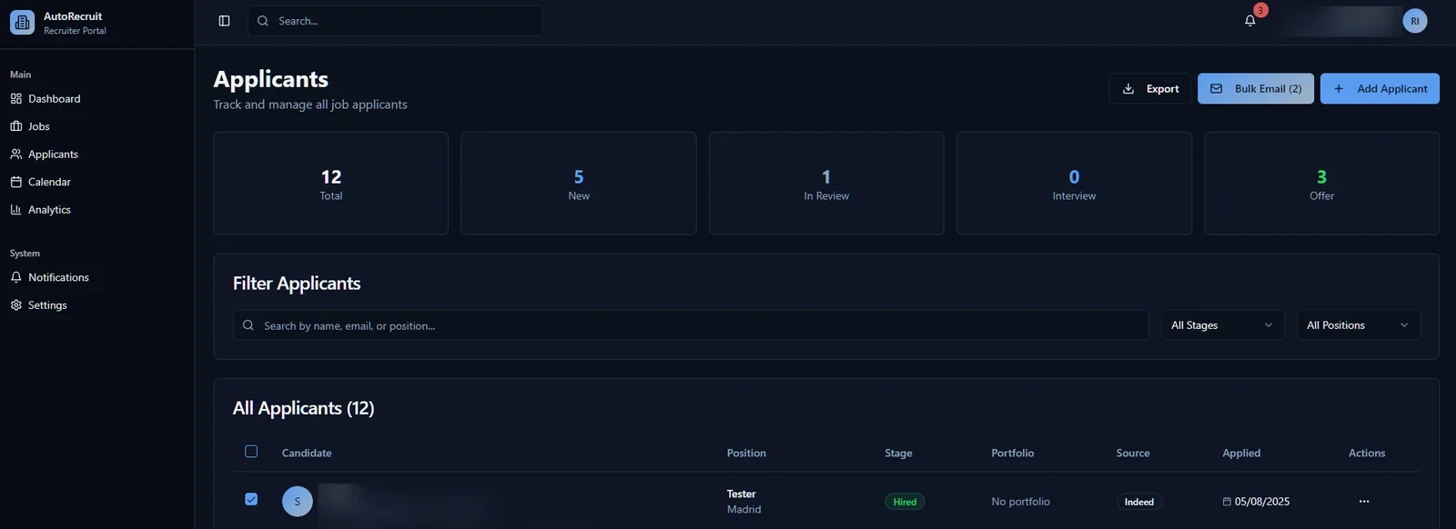 AutoRecruit applicants dashboard with candidates tracked across hiring stages
